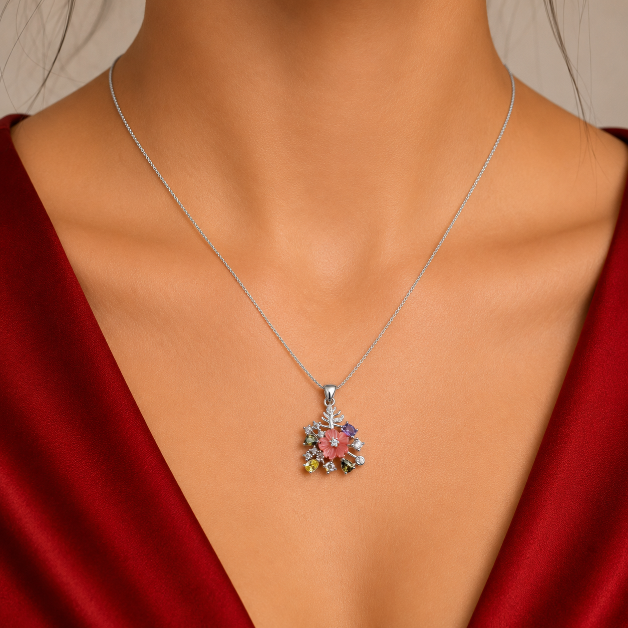 Set Flor Rosa Chica Plata Ley 925