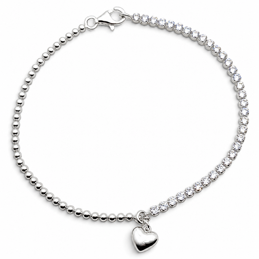 Pulsera Zirconia Corazon Bolitas Plata Ley 925
