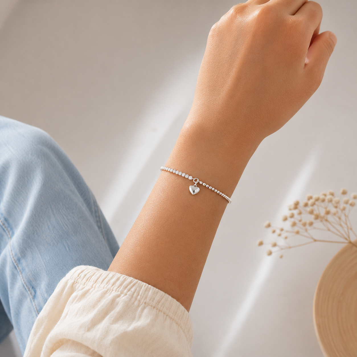 Pulsera Zirconia Corazon Bolitas Plata Ley 925