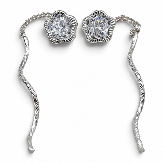 Arete Largo Flor Diamantada Plata Ley 925