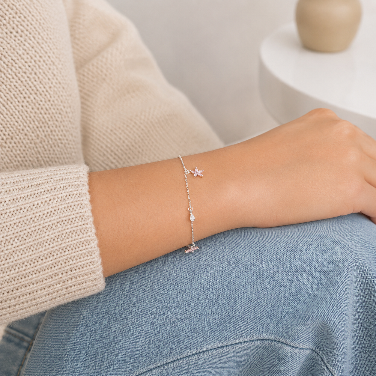 Pulsera Flor Rosa Plata Ley 925
