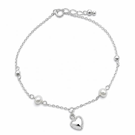 Pulsera Corazon Perla Plata Ley 925