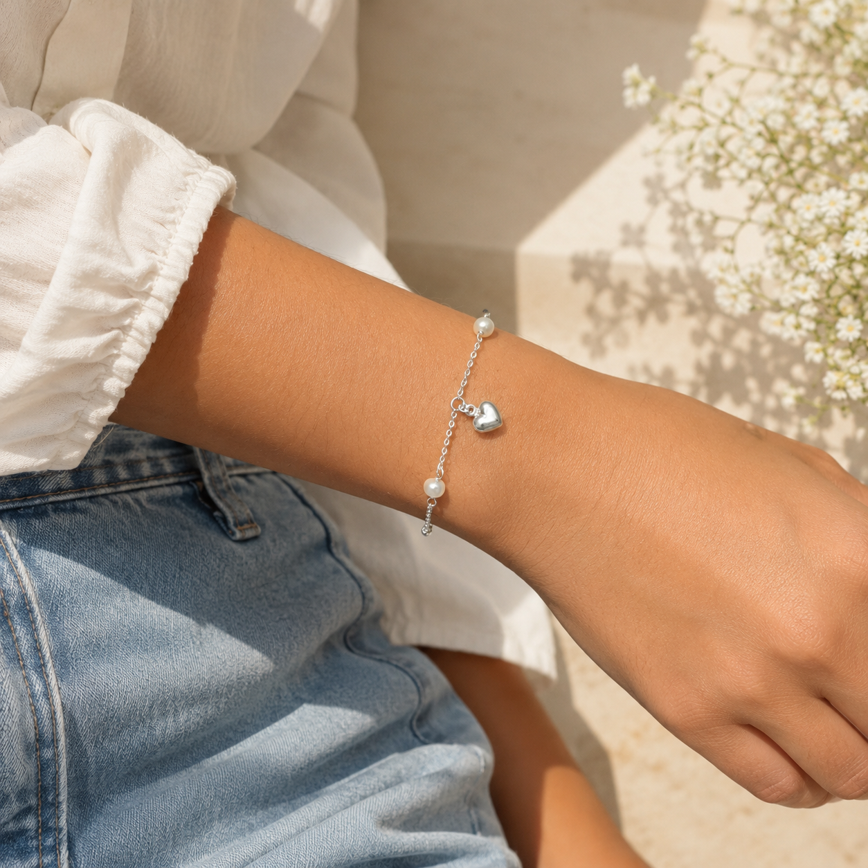 Pulsera Corazon Perla Plata Ley 925