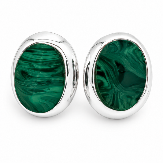 Arete Ovalo Malaquita Plata Ley 925