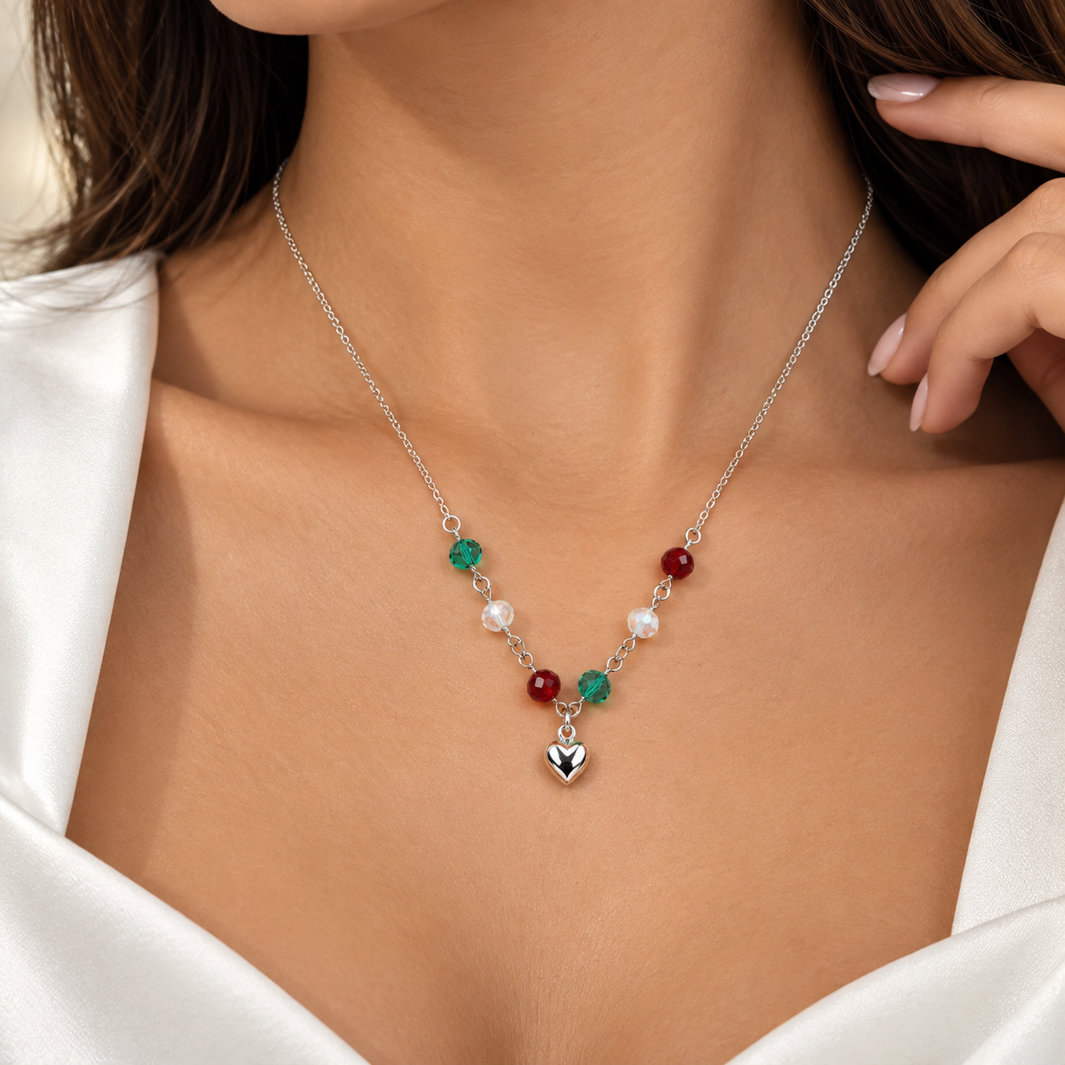 Collar Tricolor Corazon Plata Ley 925