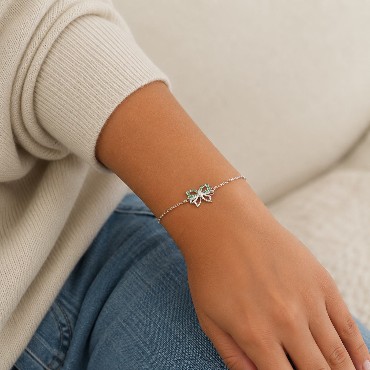 Pulsera Mariposa Verde Plata Ley 925