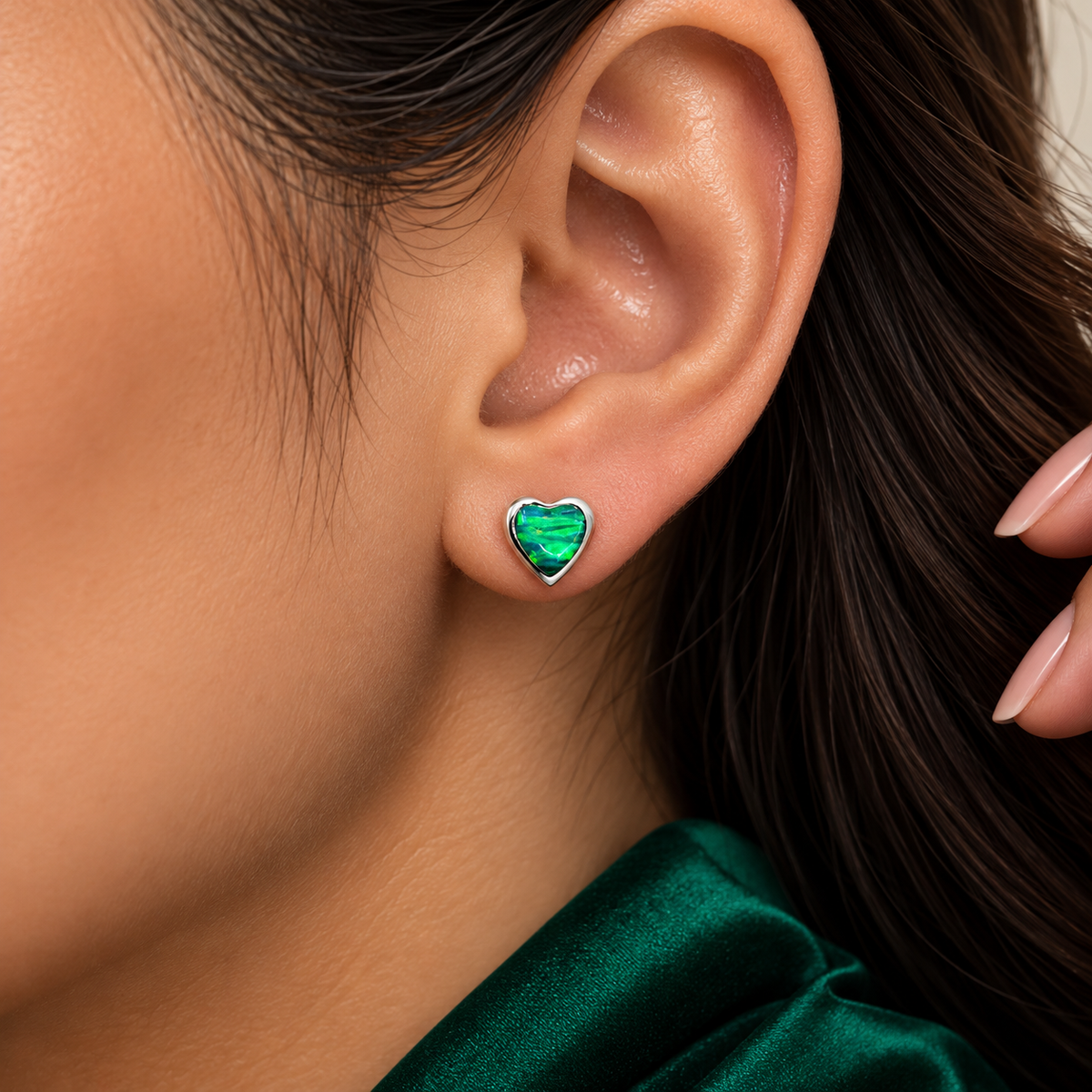 Arete Corazon Verde Opalo Plata Ley 925
