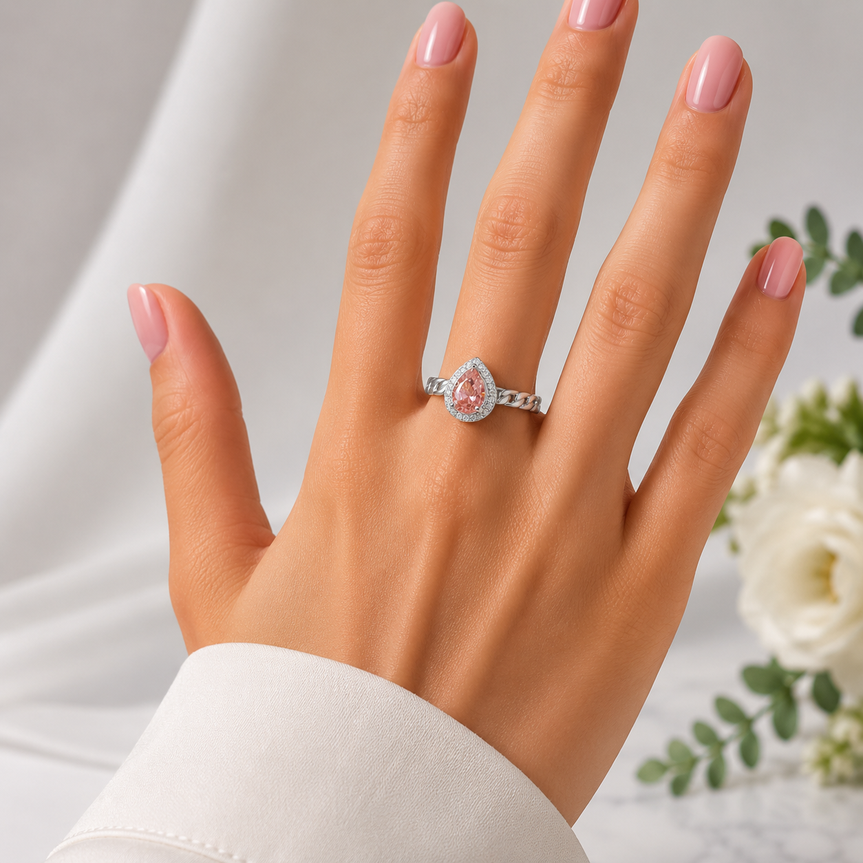 Anillo Rosa Gota Plata Ley 925