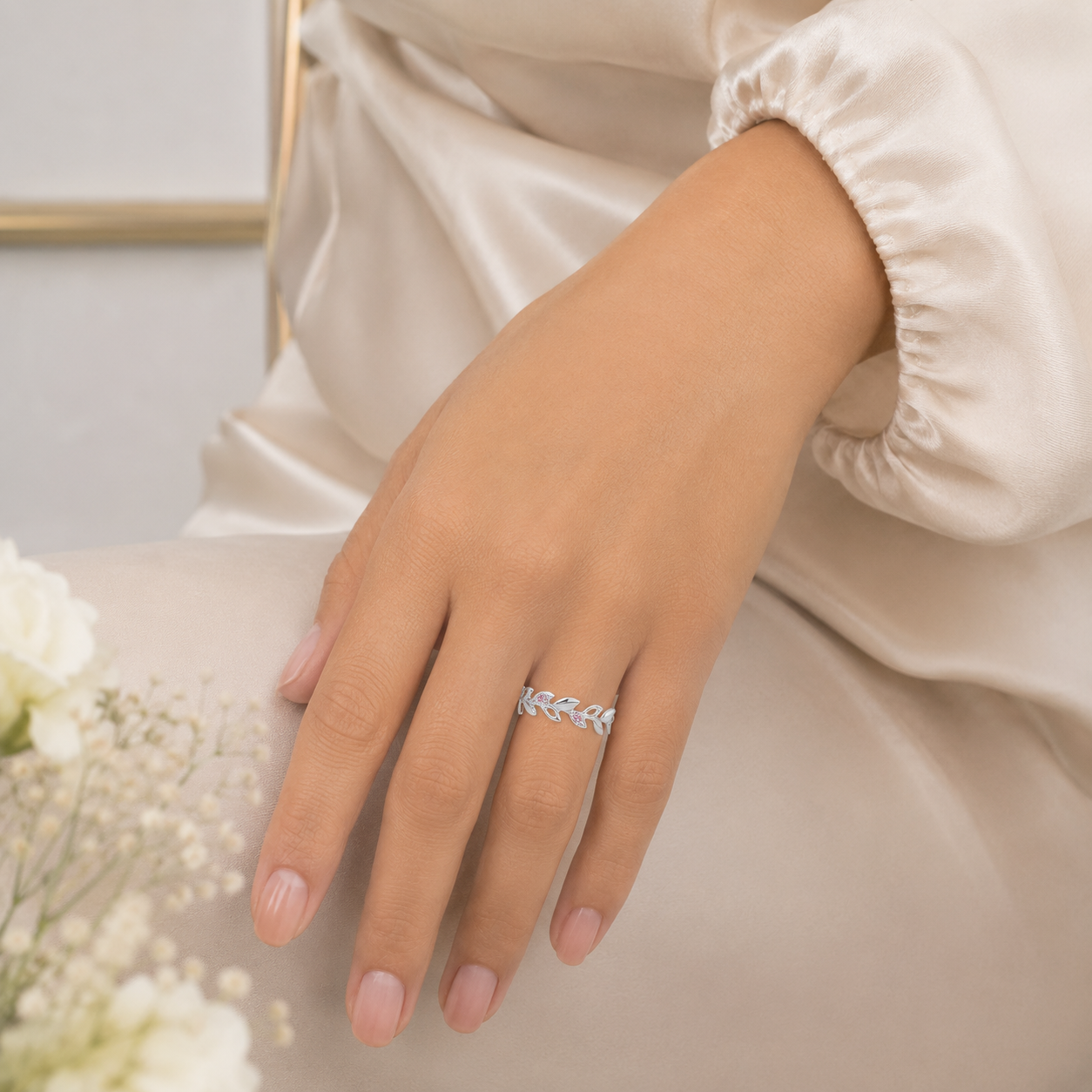 Anillo Hojitas Rosa Plata Ley 925