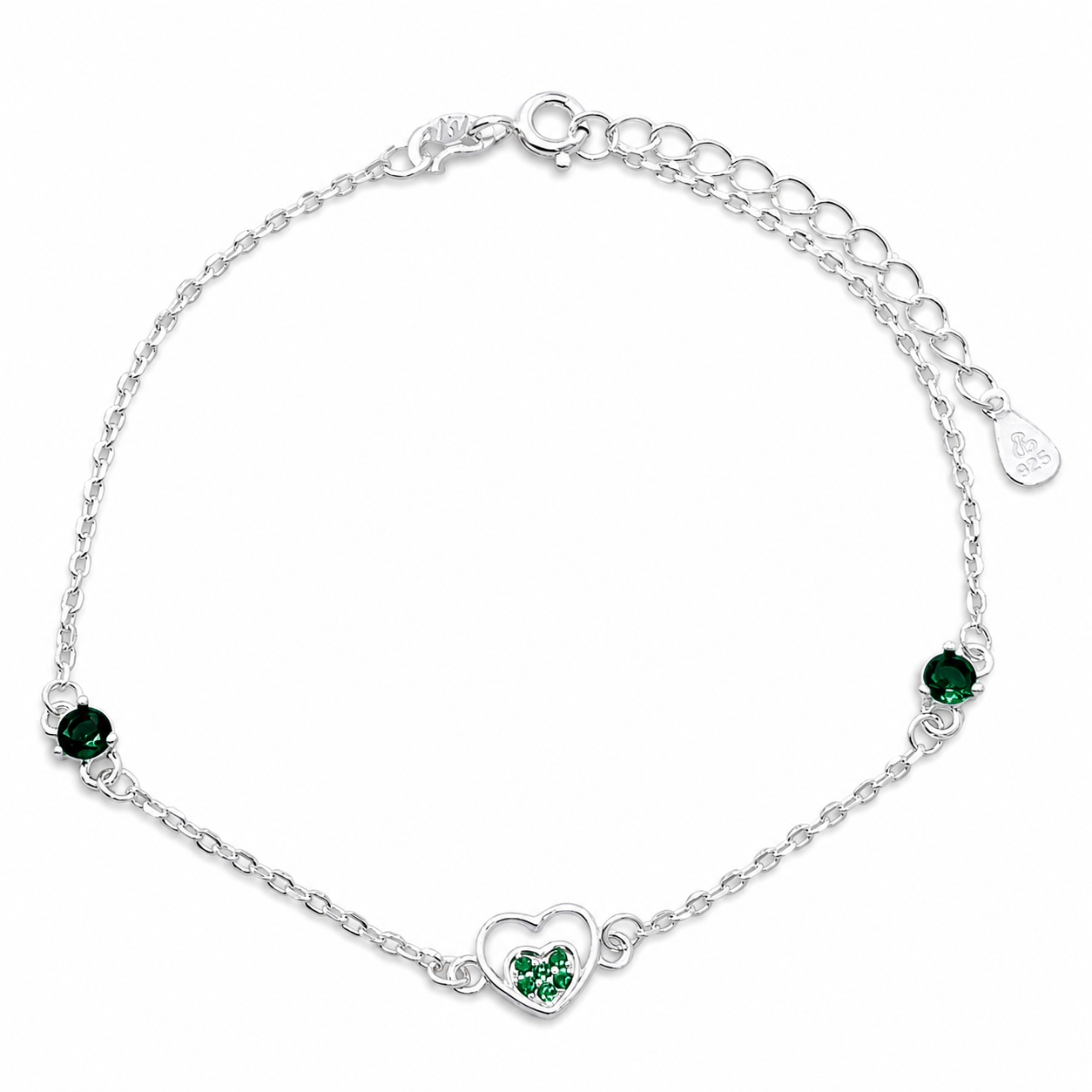 Pulsera Corazoncito Verde Plata Ley 925