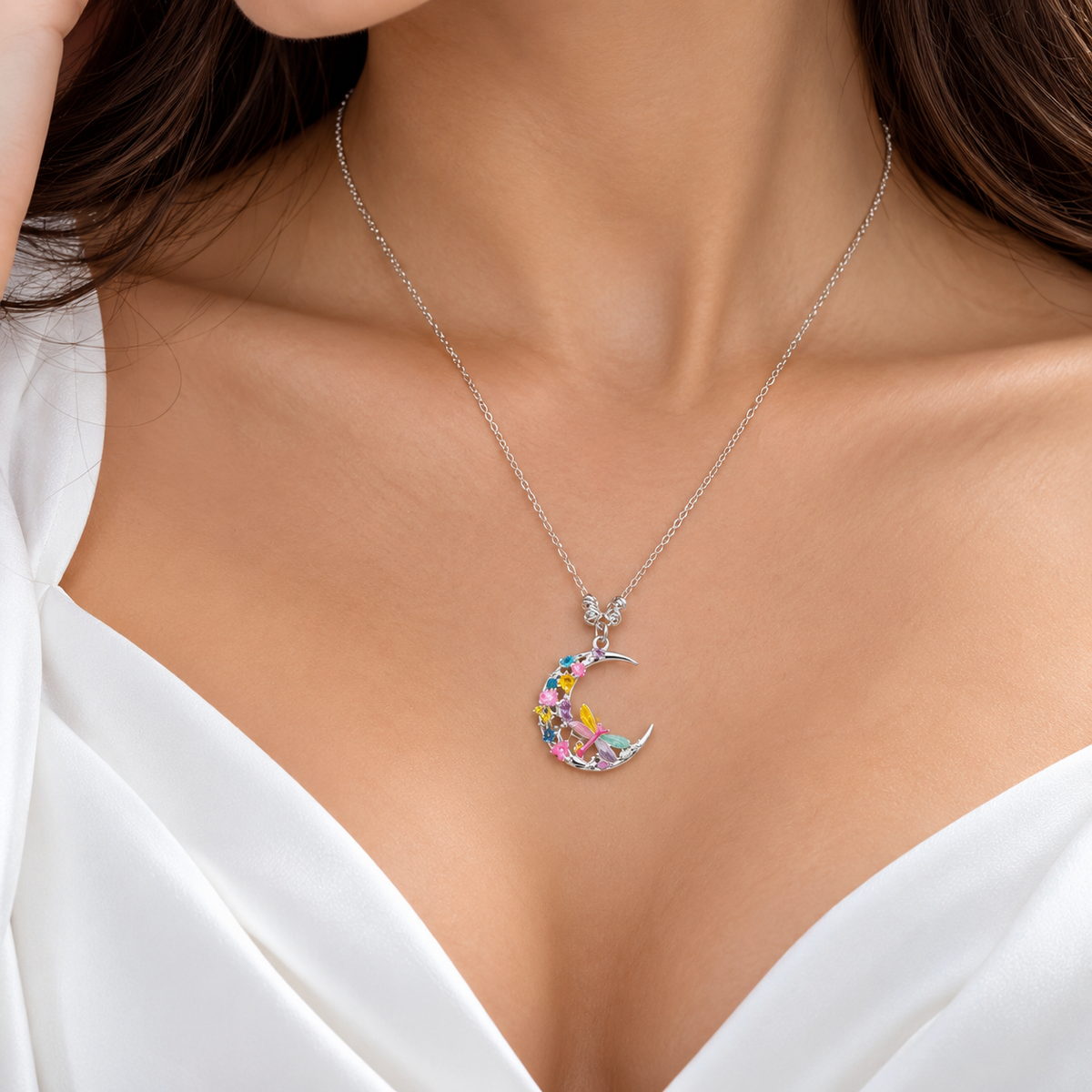 Collar Luna Libelula Flores Plata Ley 925