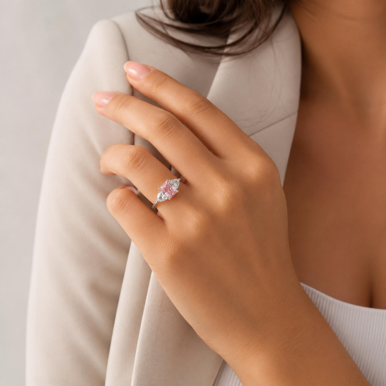 Anillo Cuadro Rosa Plata Ley 925