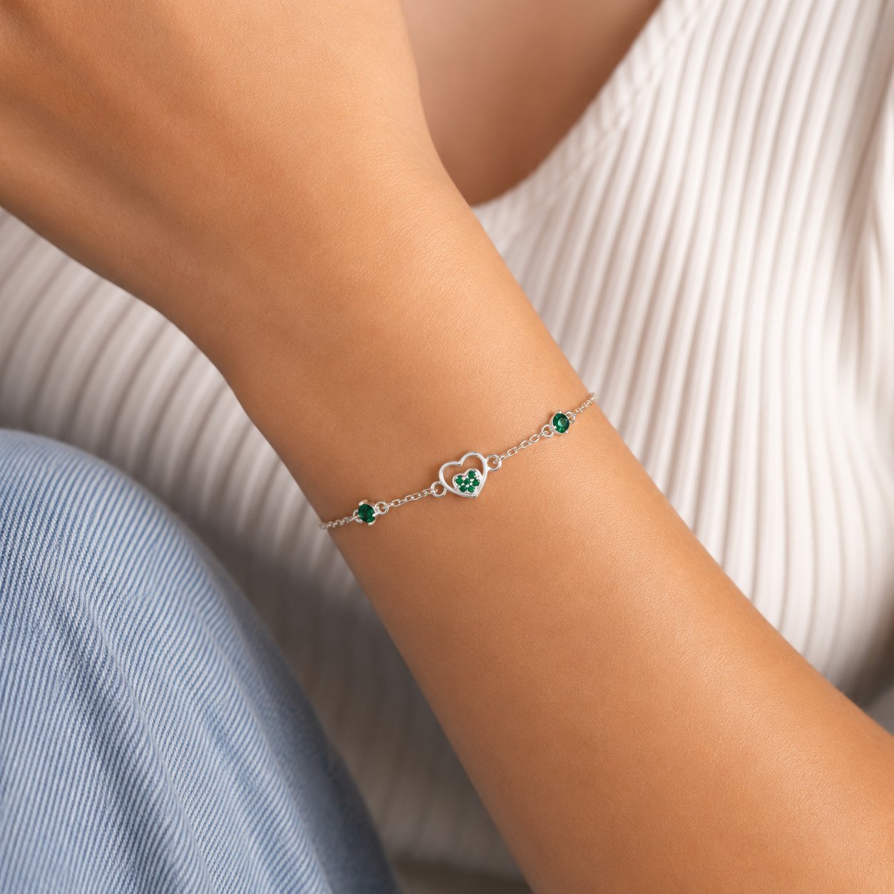 Pulsera Corazoncito Verde Plata Ley 925