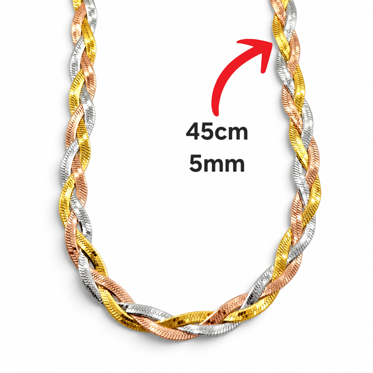 Cadena Trenzada Tricolor 5mm Plata Ley 925