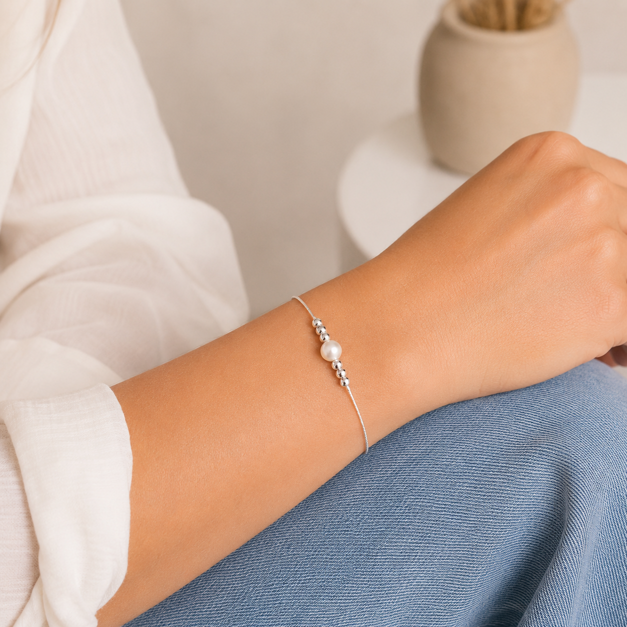 Pulsera Perla Blanca Plata Ley 925
