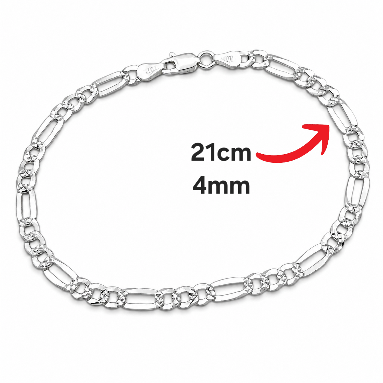 Pulso Figaro Diamantado 4mm Plata Ley 925