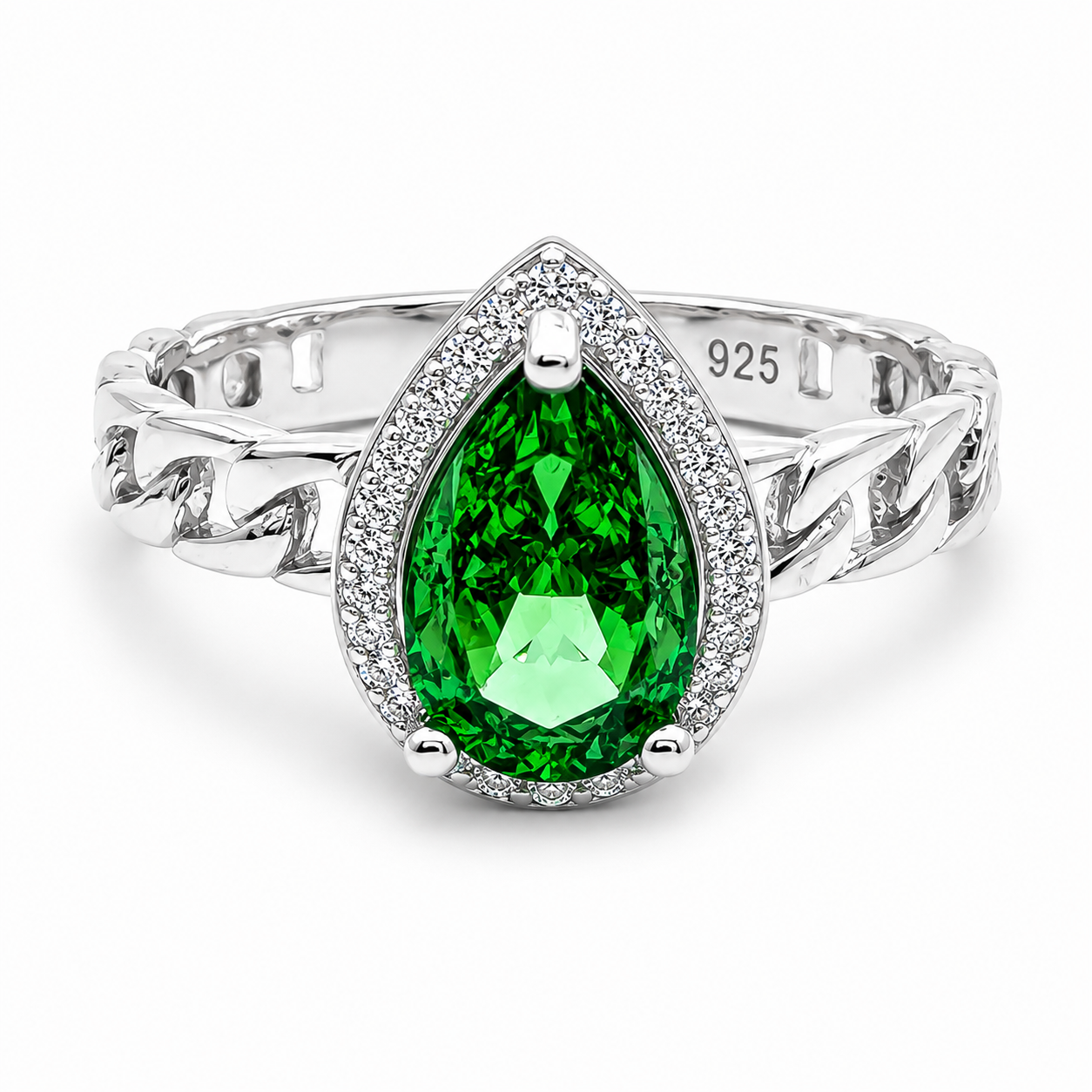 Anillo Verde Gota Plata Ley 925