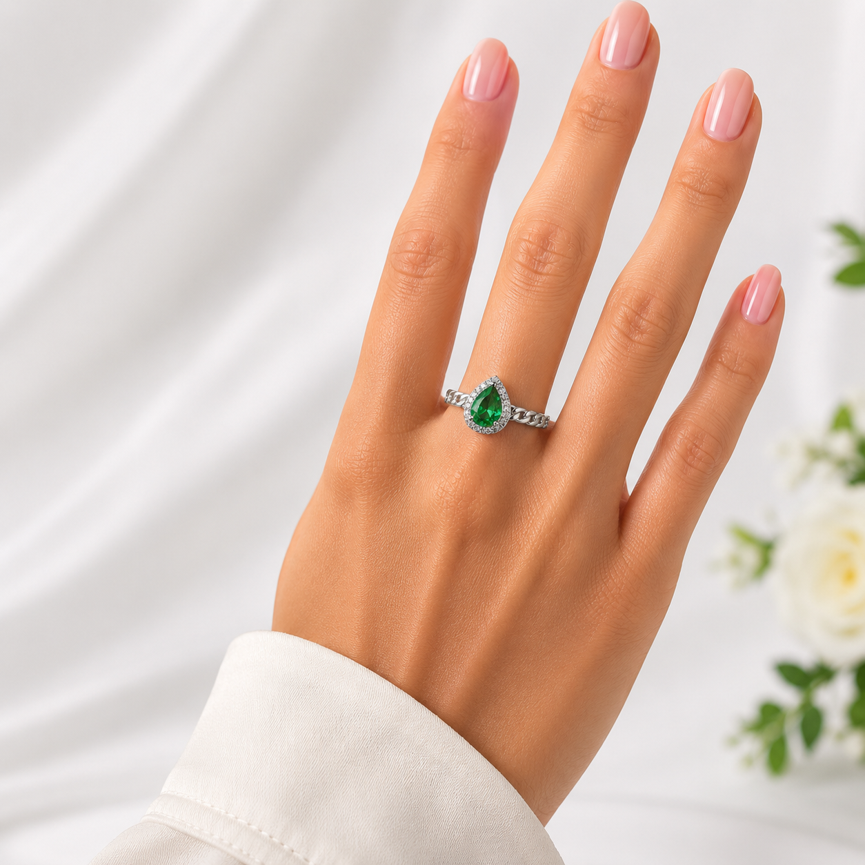 Anillo Verde Gota Plata Ley 925