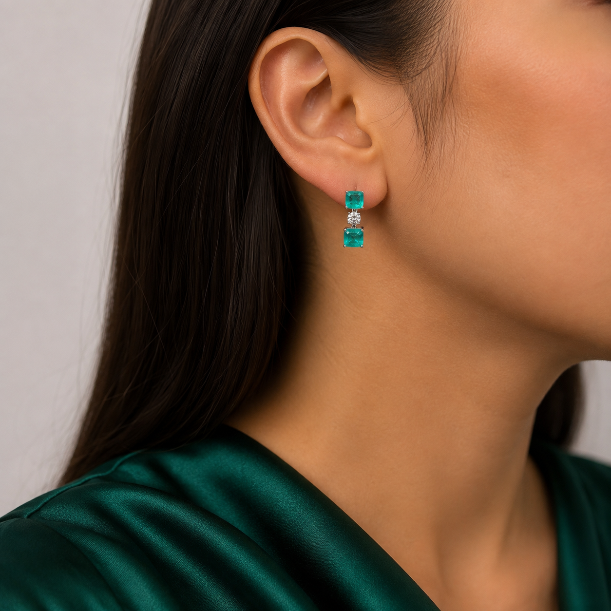 Arete Cuadro Verde Plata Ley 925