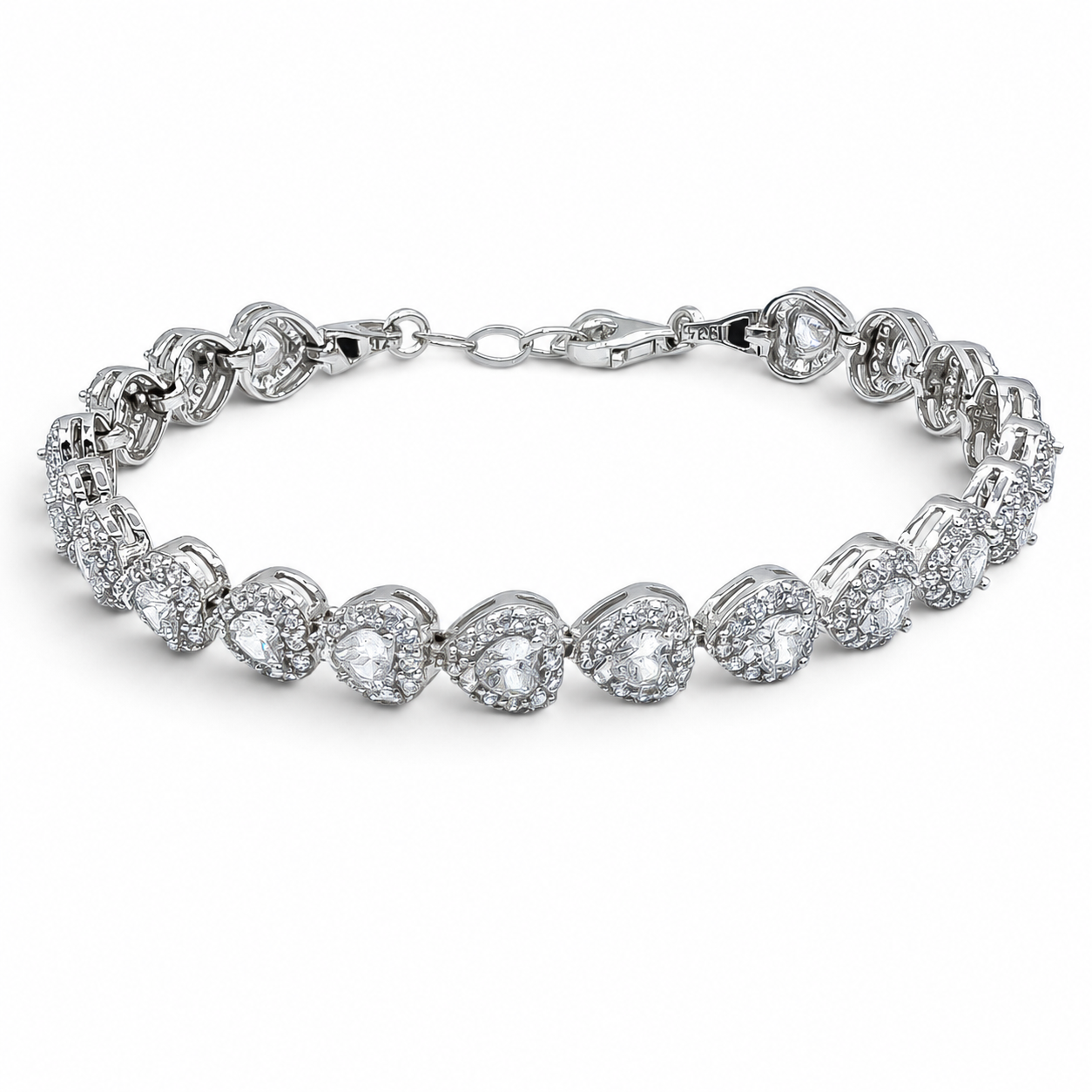 Pulsera Zirconia Corazones Plata Ley 925