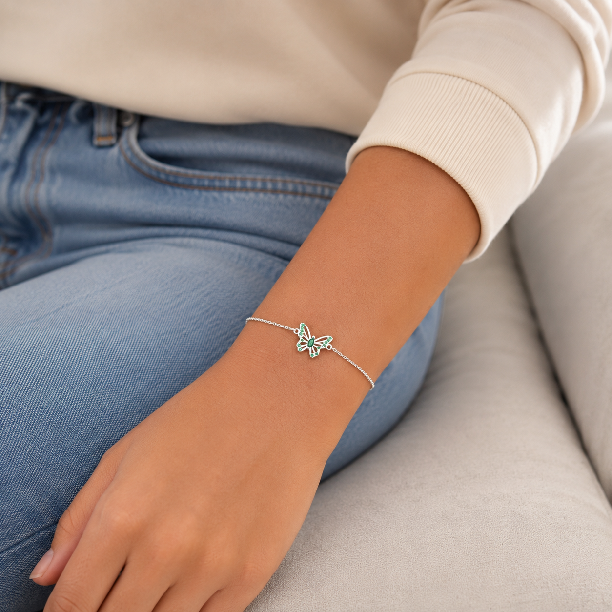Pulsera Mariposa Verde Plata Ley 925