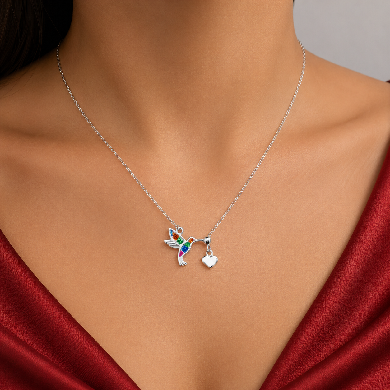 Collar Colibri Grande Multicolor Plata Ley 925
