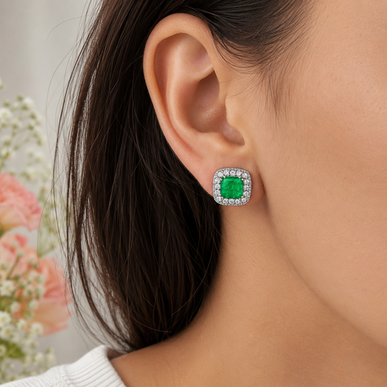 Arete Cuadro Mediano Verde Plata Ley 925