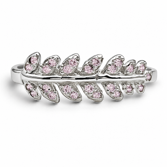 Anillo Hojitas Rosa Plata Ley 925