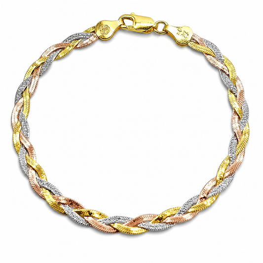 Pulsera Trenzada Tricolor Plata Ley 925