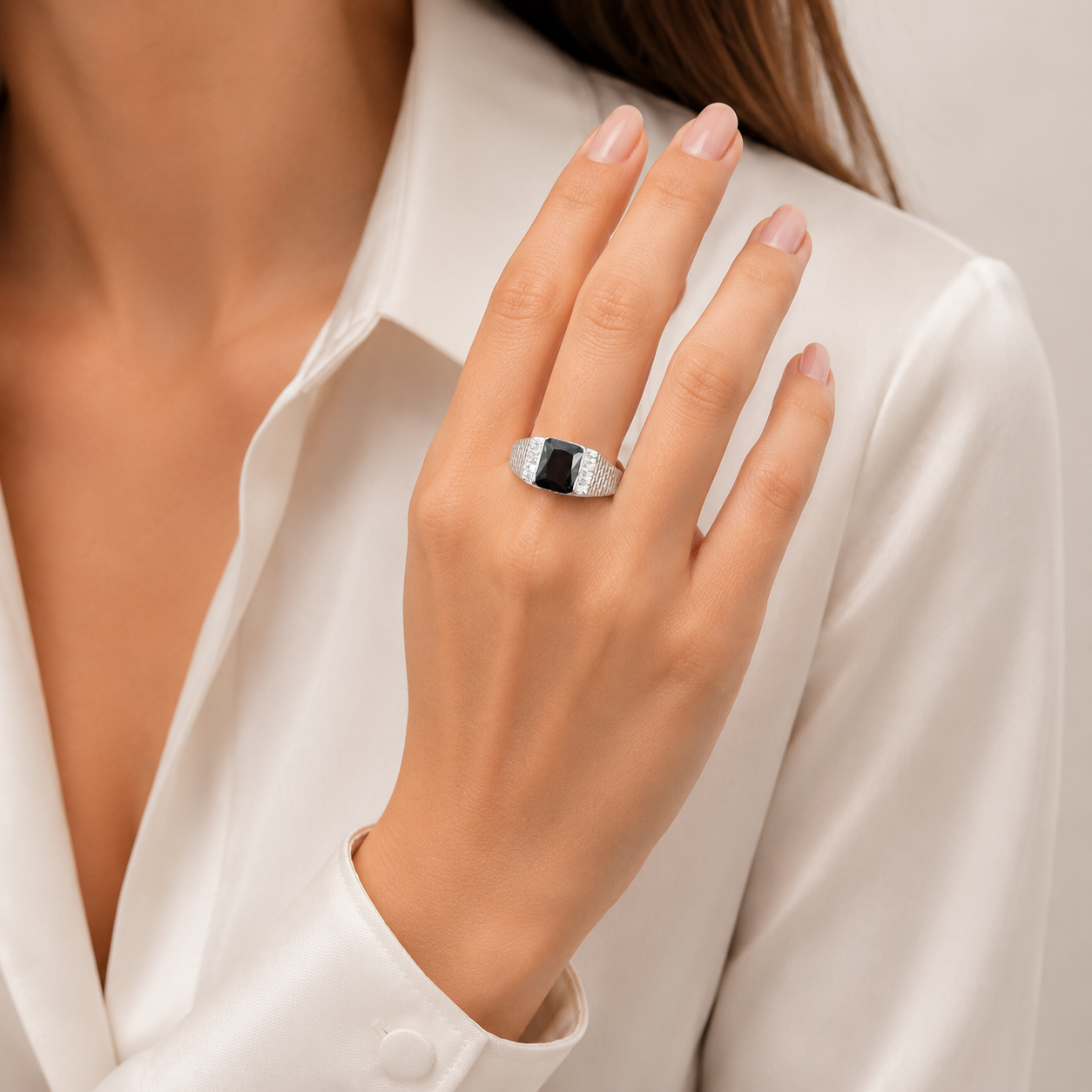 Anillo Cuadro Negro Plata Ley 925