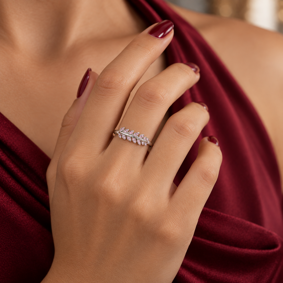 Anillo Hojitas Rosa Plata Ley 925