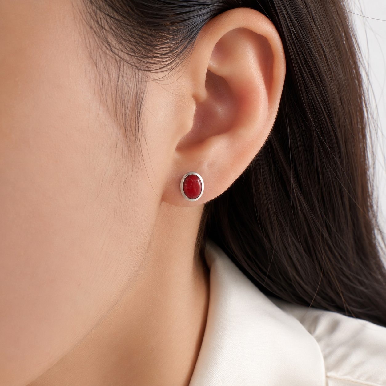 Arete Ovalo Rojo Plata Ley 925