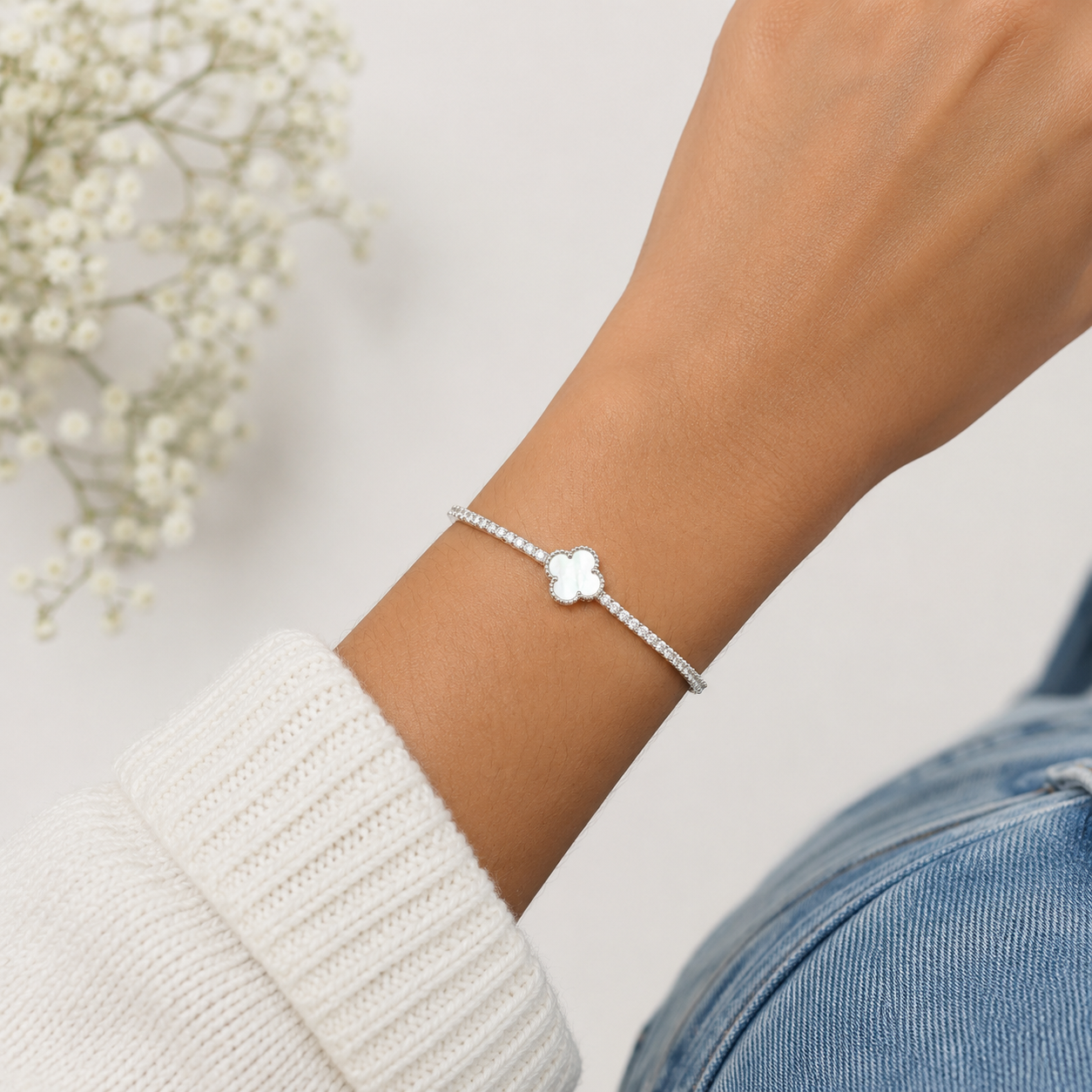 Pulsera Van Blanca 1 Trebol Plata Ley 925