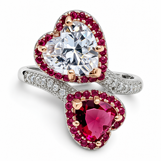 Anillo Corazones Rojo Blanco Plata Ley 925