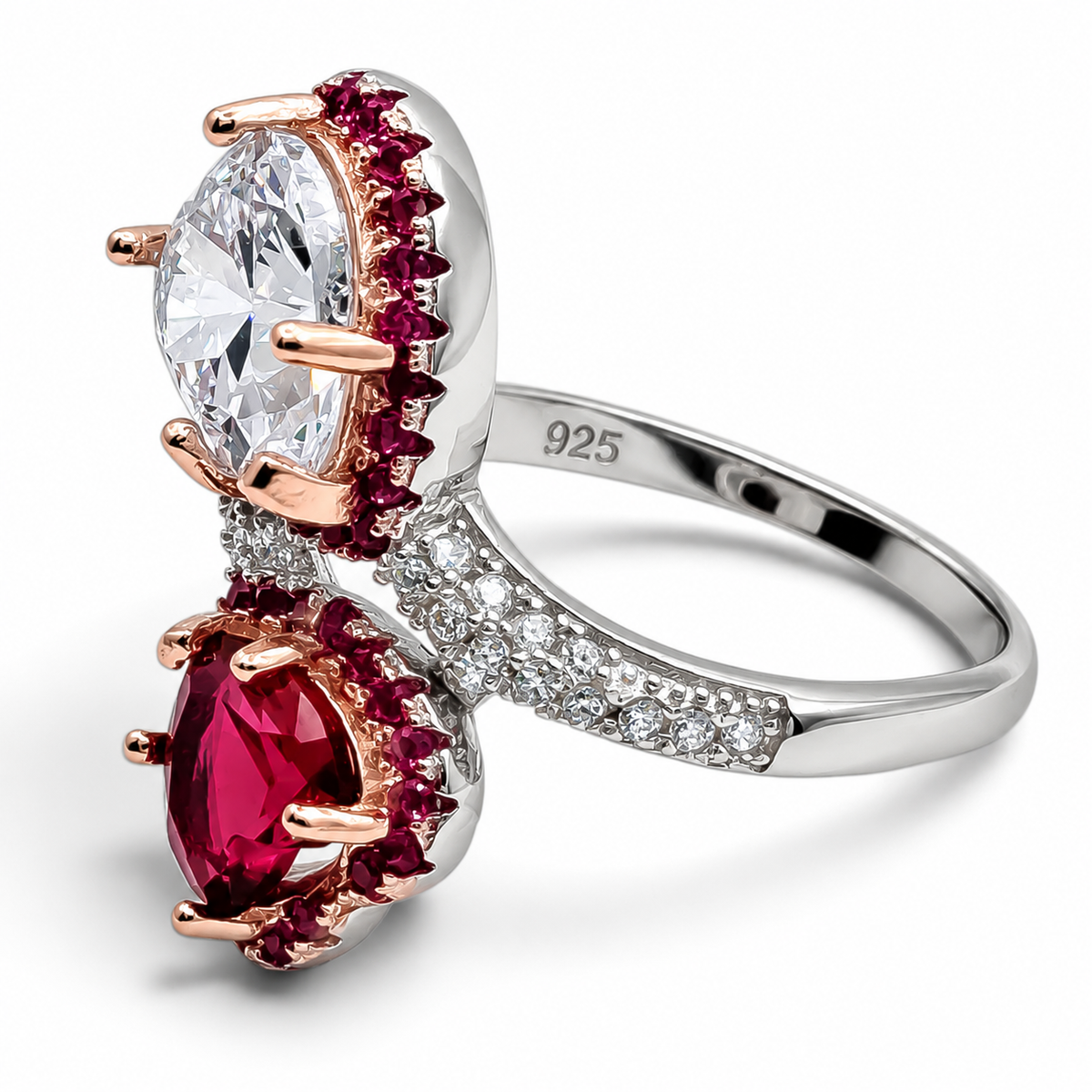 Anillo Corazones Rojo Blanco Plata Ley 925