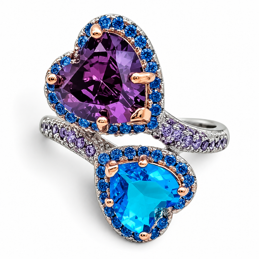 Anillo Corazones Azul Morado Plata Ley 925