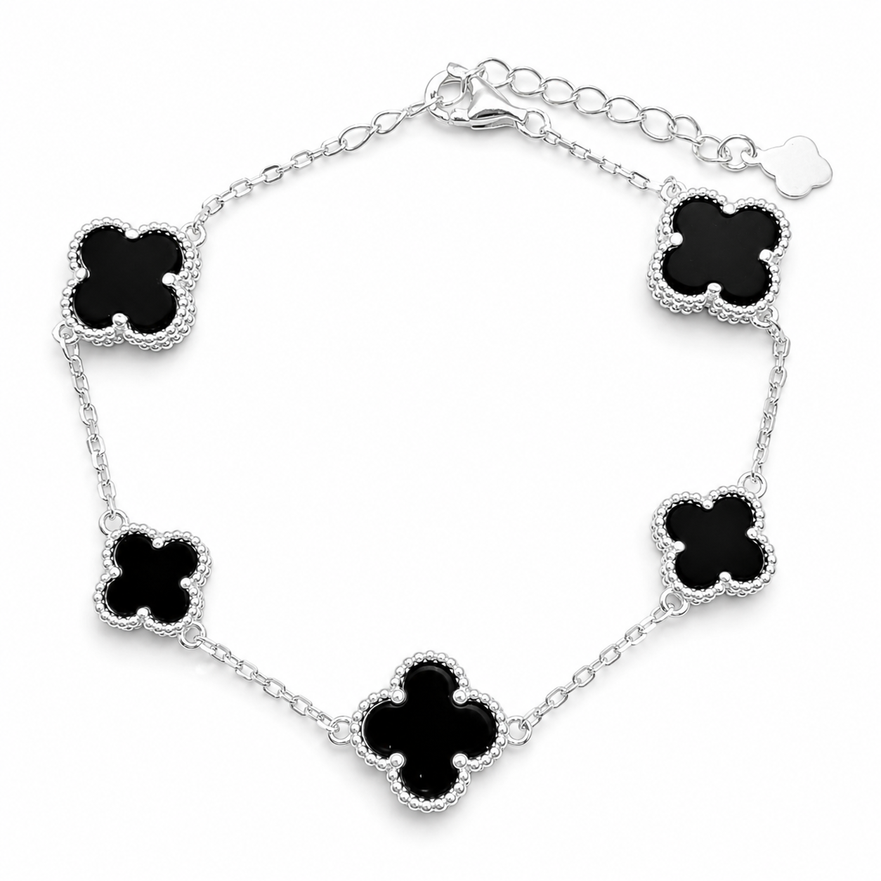 Pulsera Van Negra 5 Treboles Plata Ley 925