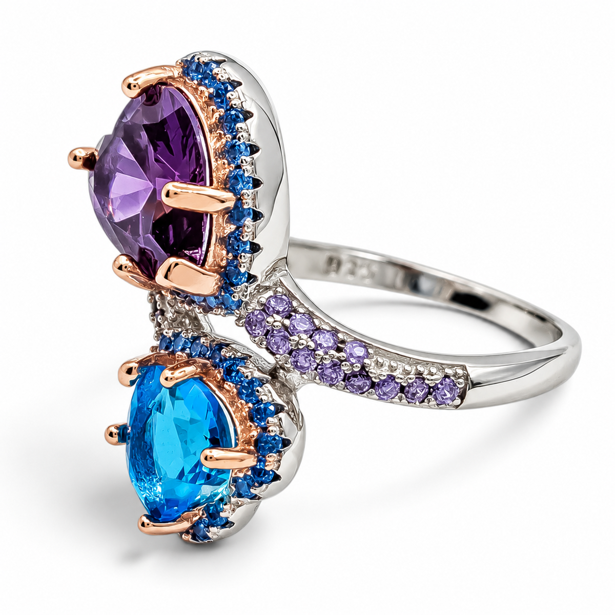 Anillo Corazones Azul Morado Plata Ley 925