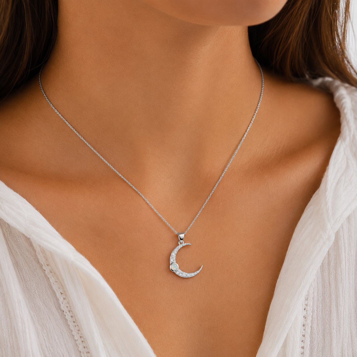 Dije Luna Opalo Blanco Plata Ley 925