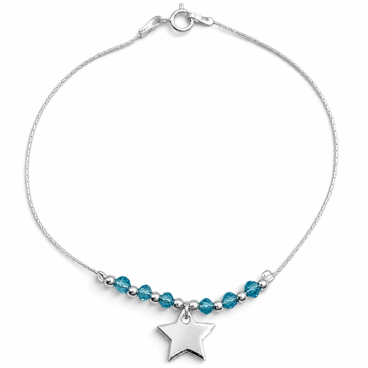 Pulsera Estrella Bola Azul Plata Ley 925