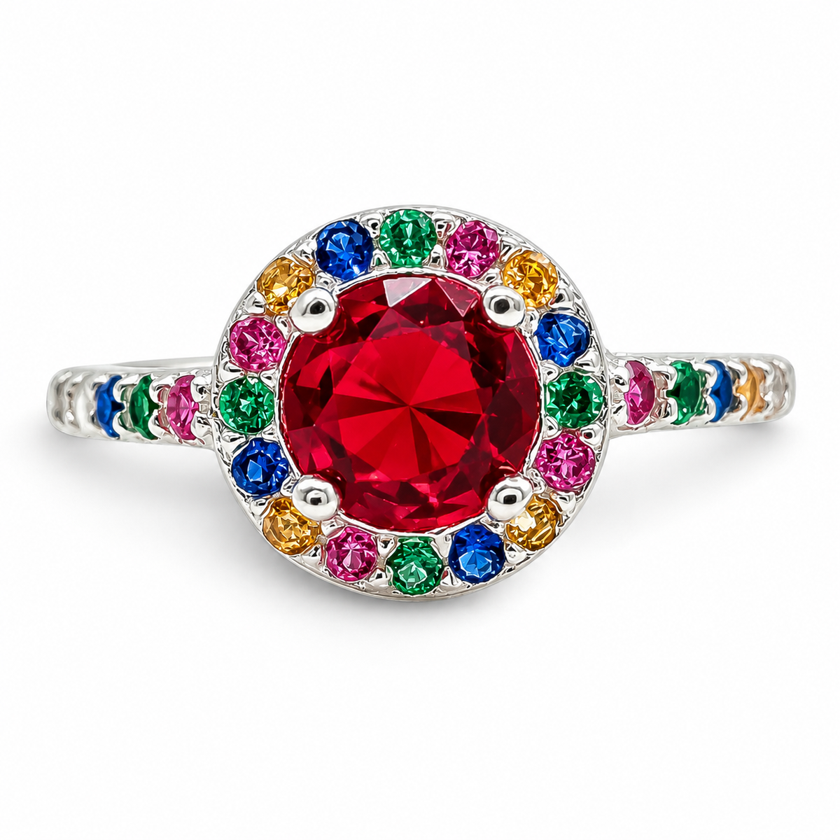 Anillo Rojo Multicolor Plata Ley 925