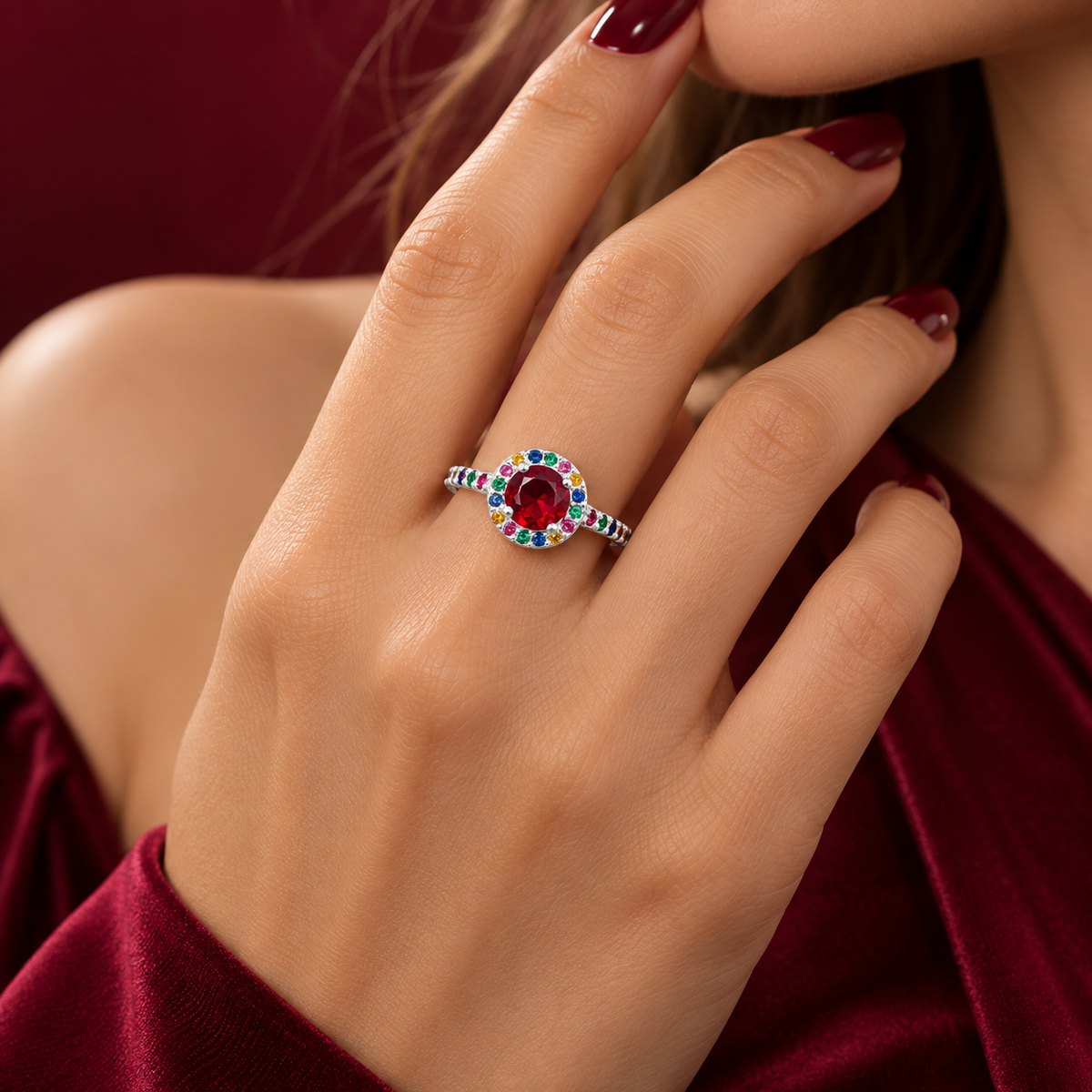 Anillo Rojo Multicolor Plata Ley 925