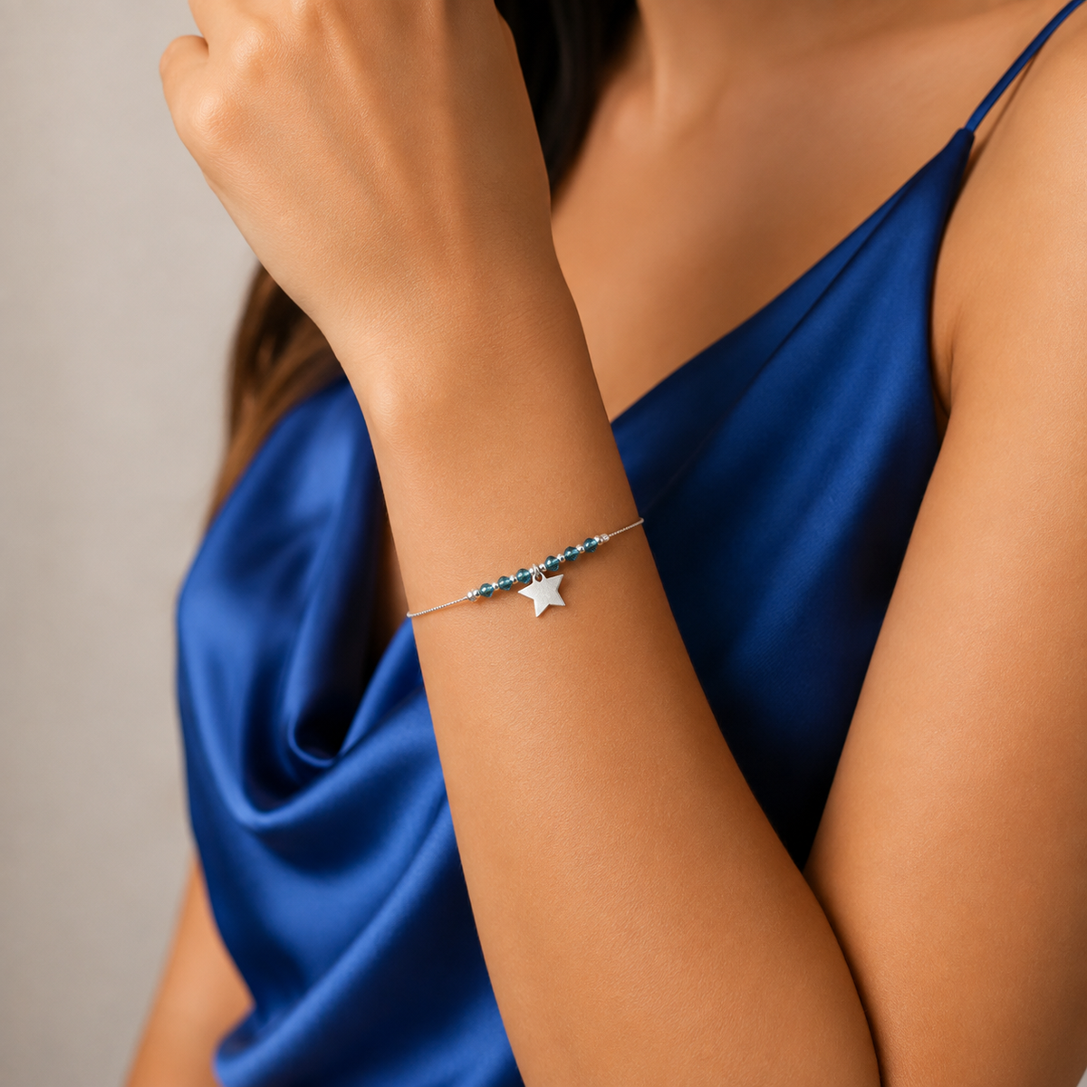 Pulsera Estrella Bola Azul Plata Ley 925