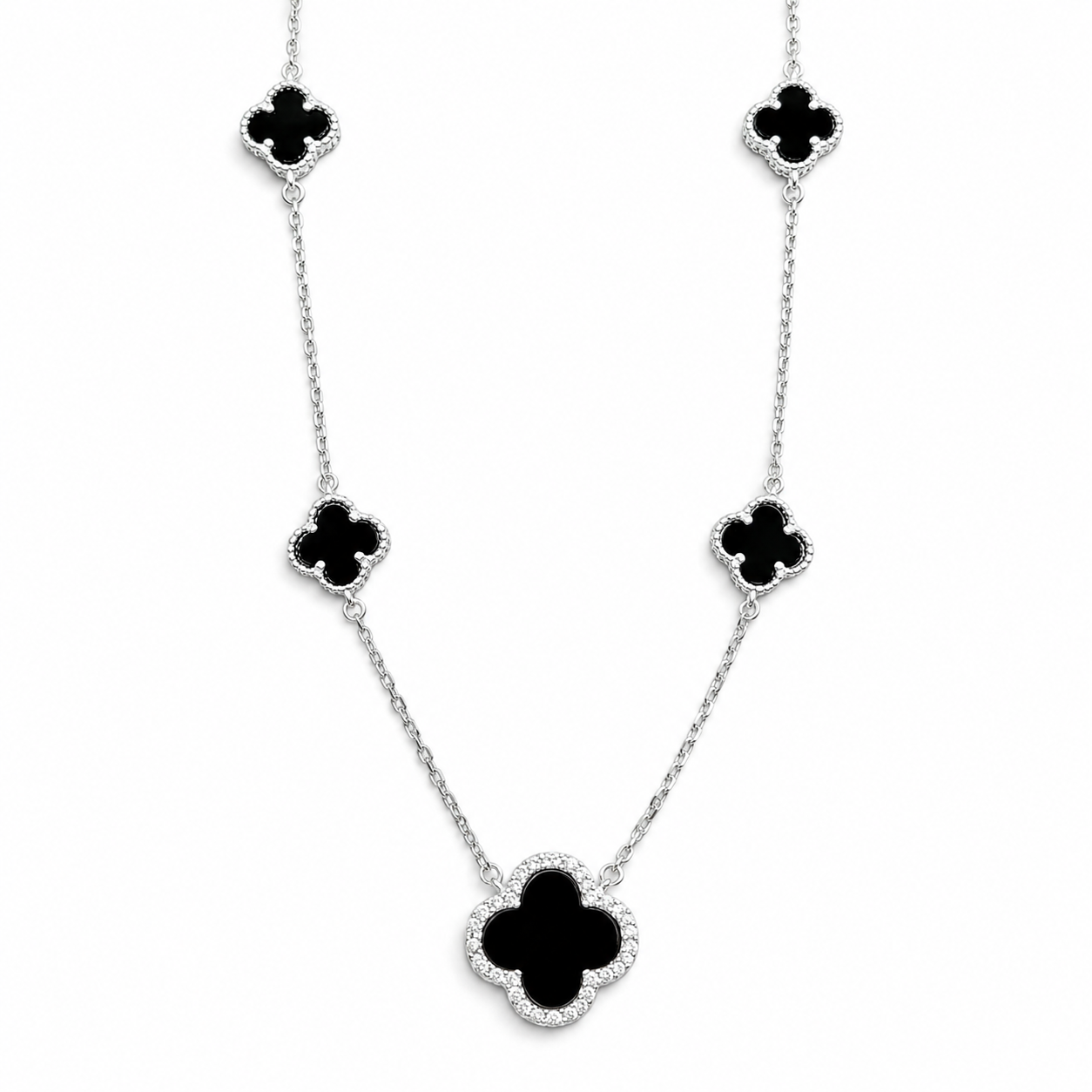 Collar Van Negra 5 Treboles Plata Ley 925