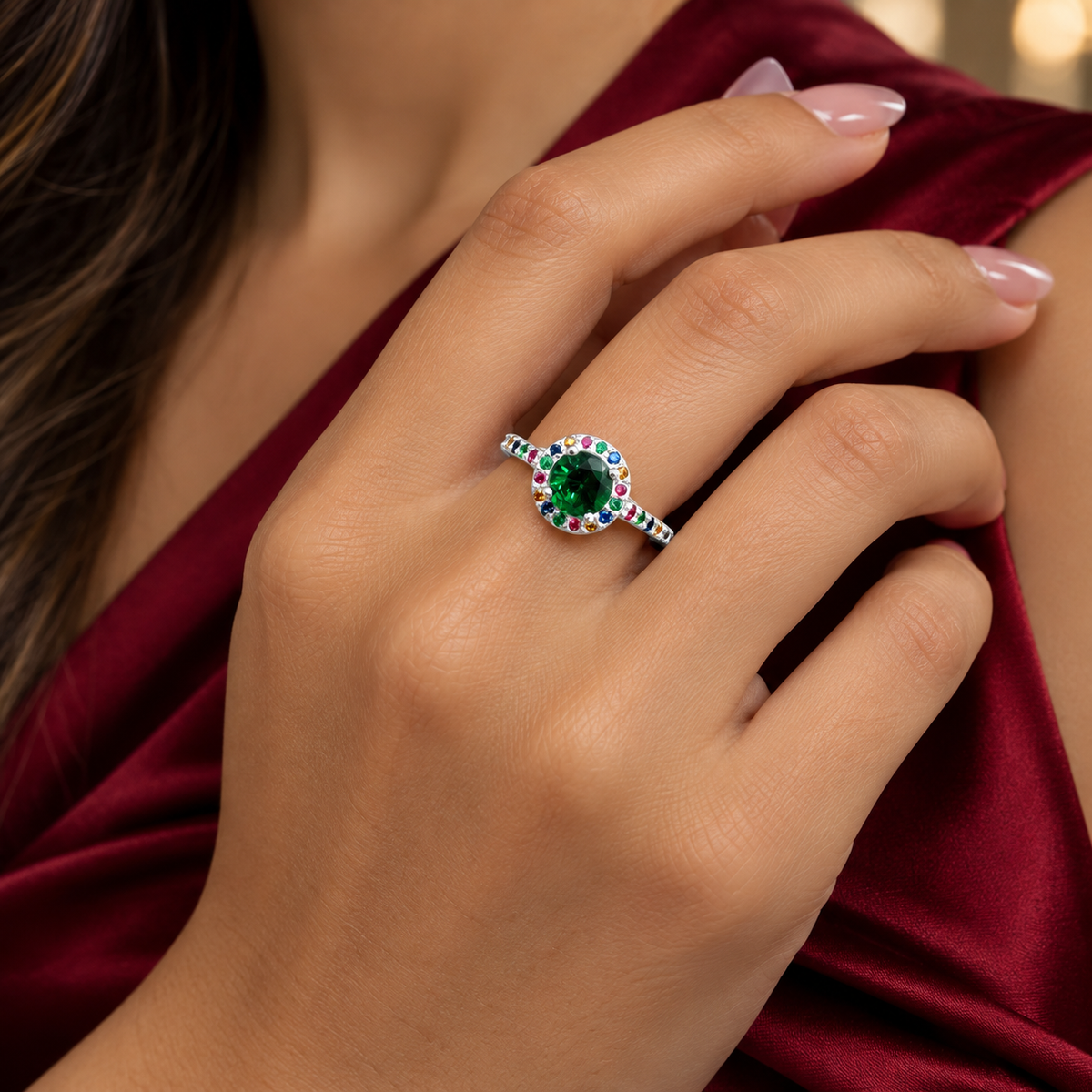 Anillo Verde Multicolor Plata Ley 925