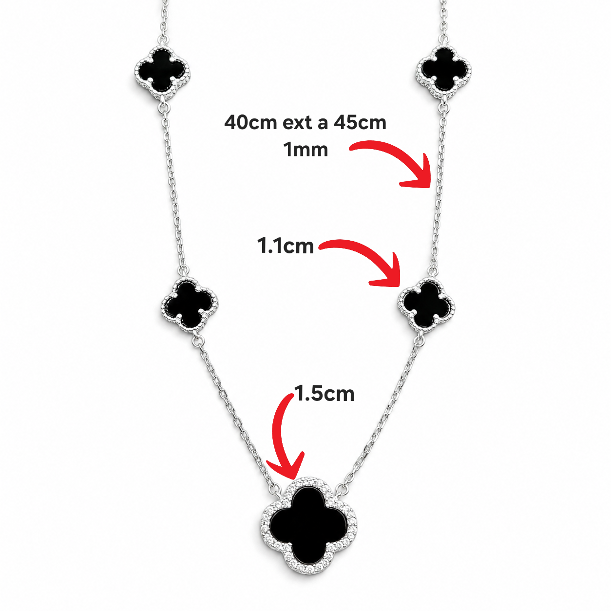 Collar Van Negra 5 Treboles Plata Ley 925