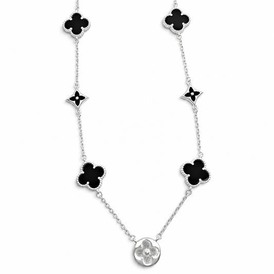 Collar Van Negro 5 Treboles Plata Ley 925