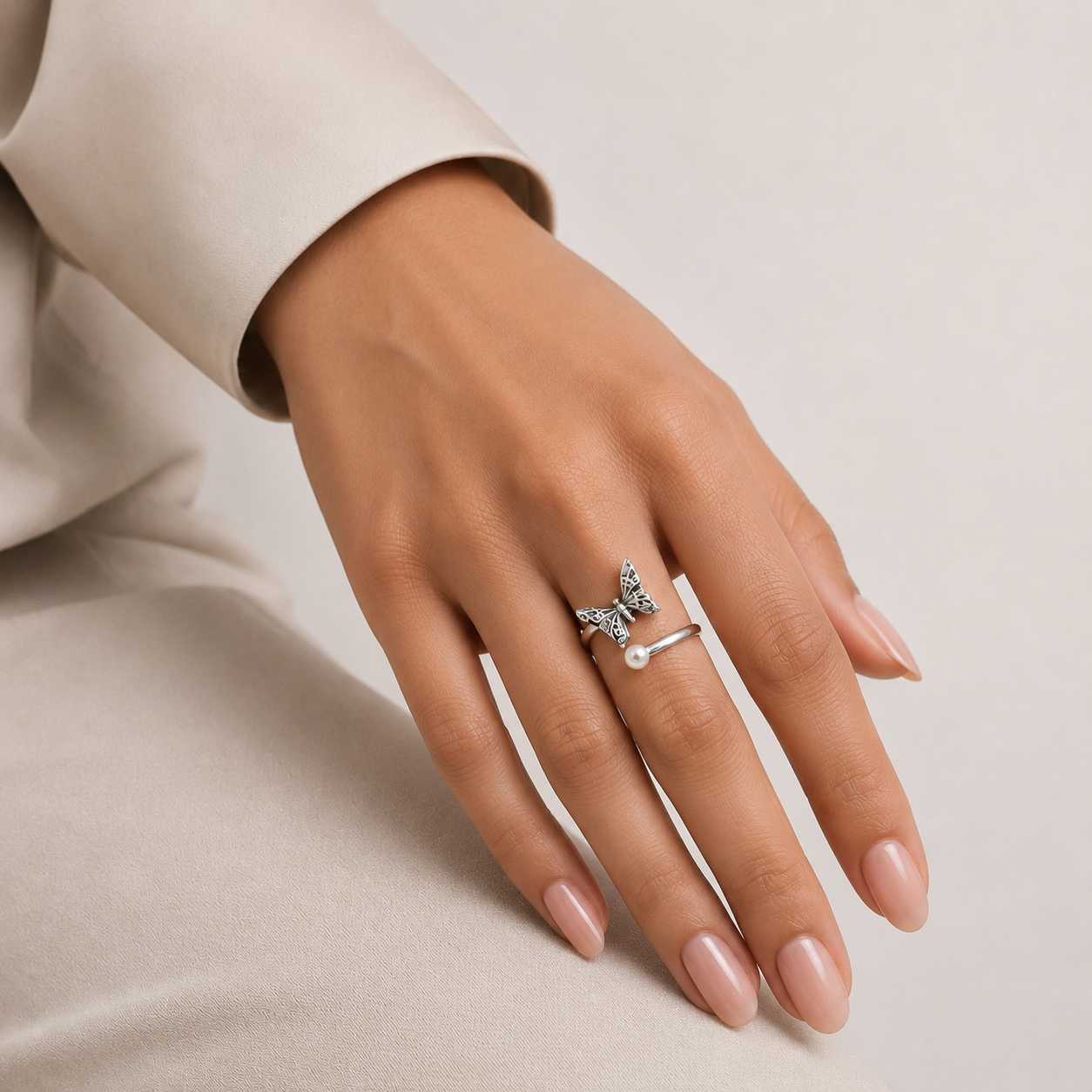 Anillo Mariposa Perlita Plata Ley 925