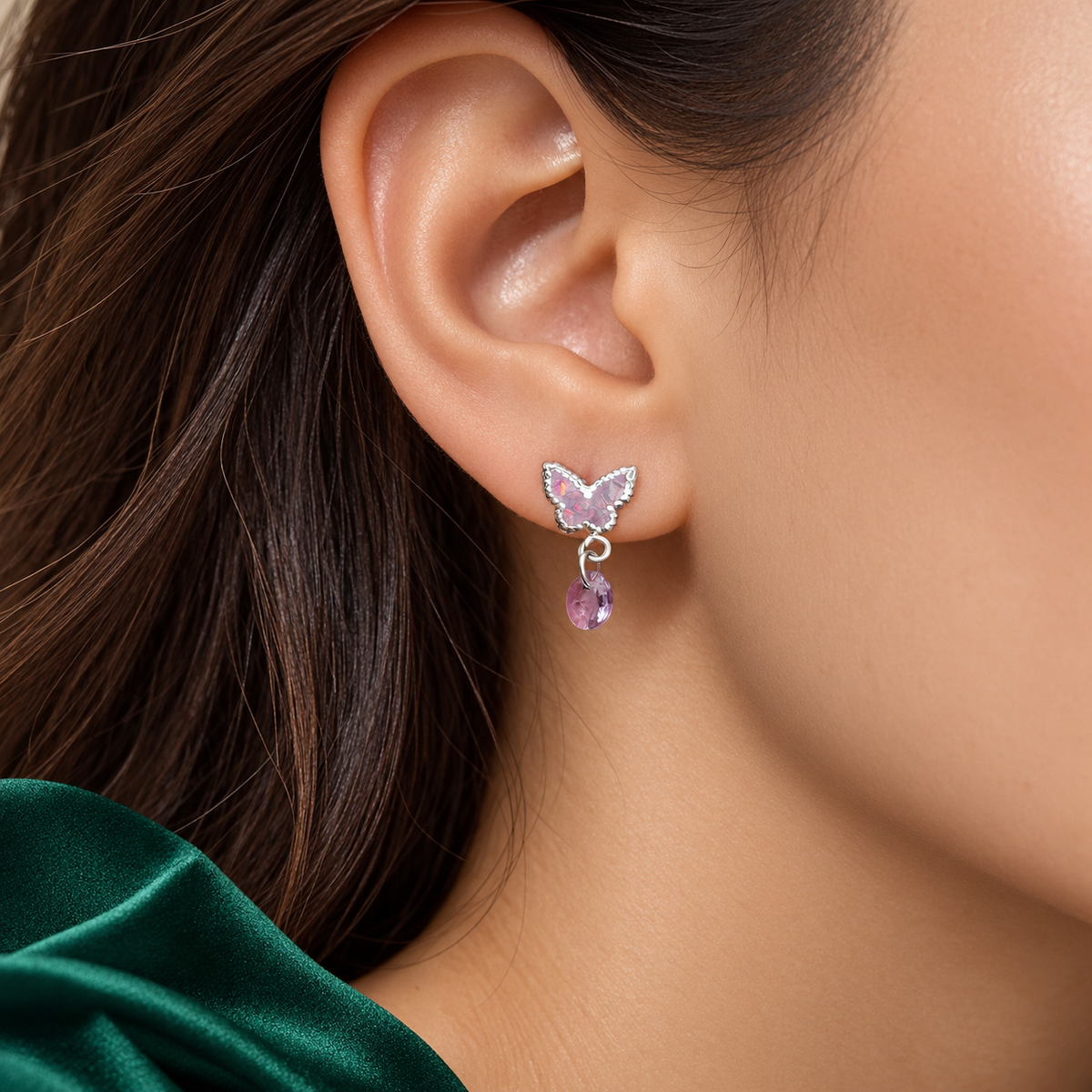 Arete Mariposa Lila Plata Ley 925