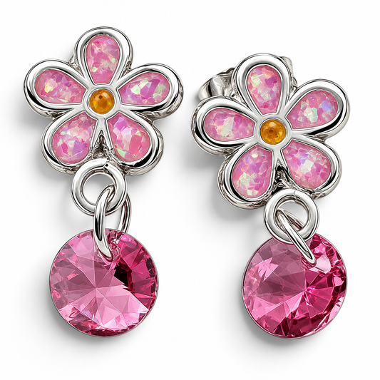 Arete Flor Rosa Plata Ley 925